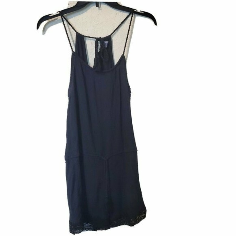 Aerie Romper Womens Xsmall Black Tie Tassel Scoop Neck Lace Rayon Spring